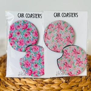 Preppy Coquette Bow Car Coaster Set, Gift for Her, Car Accessories, Cup Holder Decor, Trucks & SUVs, Stylish Drink Accessories