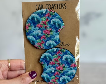 Manatee Car Coasters Set, Ocean Animal Car Accessories, Cute Coastal Car Decor, Neoprene Cup Holder Coasters, Florida Gift Idea