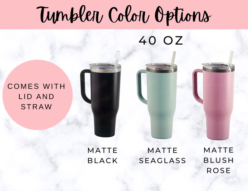 Puede incluir: Tres vasos de acero inoxidable de 40 onzas con tapas y pajitas. Los vasos son de color negro mate, verde mar y rosa rubor.