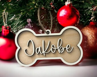 Custom Dog Bone Ornament, Dog Name ornament, Personalized gift, Christmas Ornament, Dog mom gift, Laser Cut, Wood, Handmade