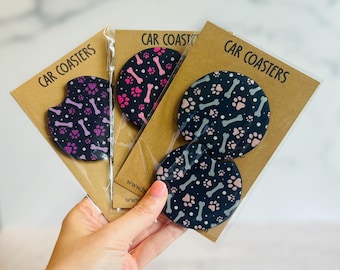 Dog Paw Print Car Coasters Set, Neoprene Car Cup Holder Coasters, Dog Lover Gift, Paw & Bone Design, Absorbent Auto Accessories