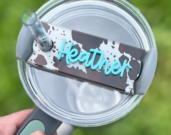 Personalized Cow Print Tumbler Name Topper, Western Custom Plate Tag, Present for Cowgirl, Country Lover, Gift for Her, 20oz 30oz 40oz