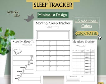 May include: A digital and printable sleep tracker with a minimalist design. The image shows weekly and monthly sleep trackers in A4 and A5 sizes. The text includes "Weekly | Monthly Sleep Tracker", "Digital & Printable", and "Click to See".