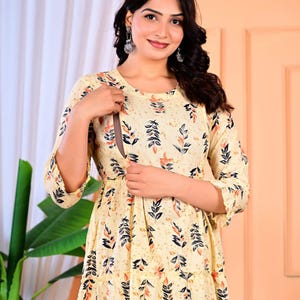 Elegante kurti de lactancia color crema: vestido de lactancia de algodón con cremalleras ocultas / Kurta de maternidad para nuevas mamás / Bata de lactancia con estampado floral