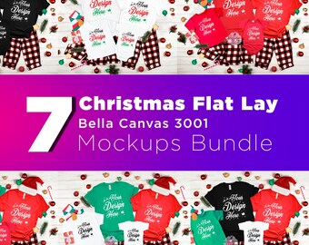 May include: A flat lay of Christmas-themed t-shirts, onesies, and pyjama bottoms in various colours. The shirts display the text "Your Design Here." The image includes Santa hats and festive decorations. The image also includes the text "Christmas Flat Lay Mockups Bundle."