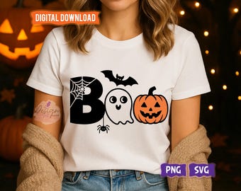 May include: White t-shirt with a Halloween-themed design. The word "BOO" is spelled out with a spider web, a ghost, and a jack-o'-lantern. A bat and spider are also included in the design. The words "DIGITAL DOWNLOAD" are at the top.