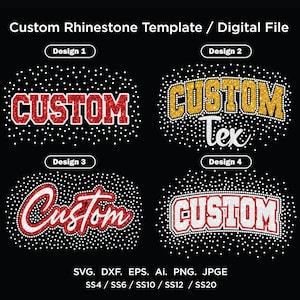Pode incluir: Um arquivo digital para um modelo de strass personalizado com quatro designs distintos em um fundo preto. O texto inclui Custom, Custom Tex e Custom em várias fontes e cores, cercado por pontos brancos que representam o posicionamento dos strass.