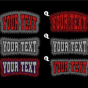 May include: Six rectangular iron-on rhinestone transfers on a black background, each featuring the text YOUR TEXT in a bold, block font. Designs 1, 4, and 6 use red rhinestones, while designs 2, 3, and 5 use silver or purple and silver accents.