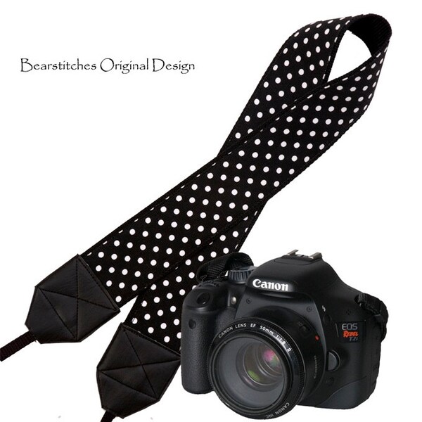Digital SLR Camera Strap for Women - Padded Strap for Neck or Shoulders, Binoculars, Nikon, Canon, Black White Polka Dots, In Stock