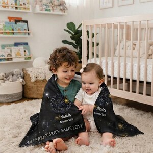 May include: Two black blankets featuring a celestial night sky print with stars and constellations. The blankets are personalized with the names 'Nicolls' and 'Matts' along with the text 'AREARNT SKIES SAME LOVE' printed in white.