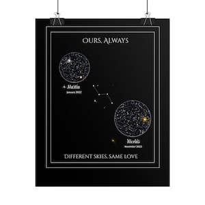May include: A black rectangular poster featuring two circular star maps. The text reads OURS, ALWAYS at the top, Martín January 2022, Nicolás November 2023, and DIFFERENT SKIES, SAME LOVE at the bottom. A constellation connects the two star charts.