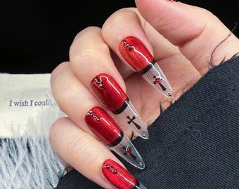 Handmade Press on Nail Reusable Gothic Red Cross Halloween Vampire Extra Long Stiletto