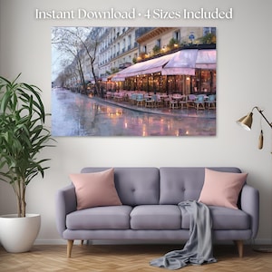 Pastel Outdoor Café in Paris | Romantic Rainy Day Wall Art | Digital Download
