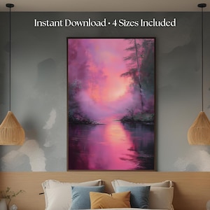 Enchanted Lake Sunrise Wall Art | Pink Mist Fantasy Print | Digital Download