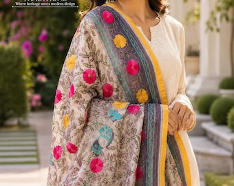 Arte popular hecho a mano Dupatta / Kantha Kalamkari dupatta/ Bufanda india, Boho Wrap / Kantha Phulkari dupatta