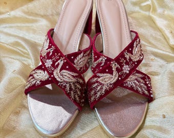 Maroon Embroidered Bridal Heel Sandals – Festive and wedding footwear