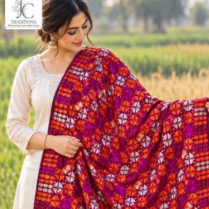 Phulkari Dupatta z wielokolorowym kwiatowym haftem, wesele w Pendżabie i świąteczne Dupatta, autentyczne Phulkari