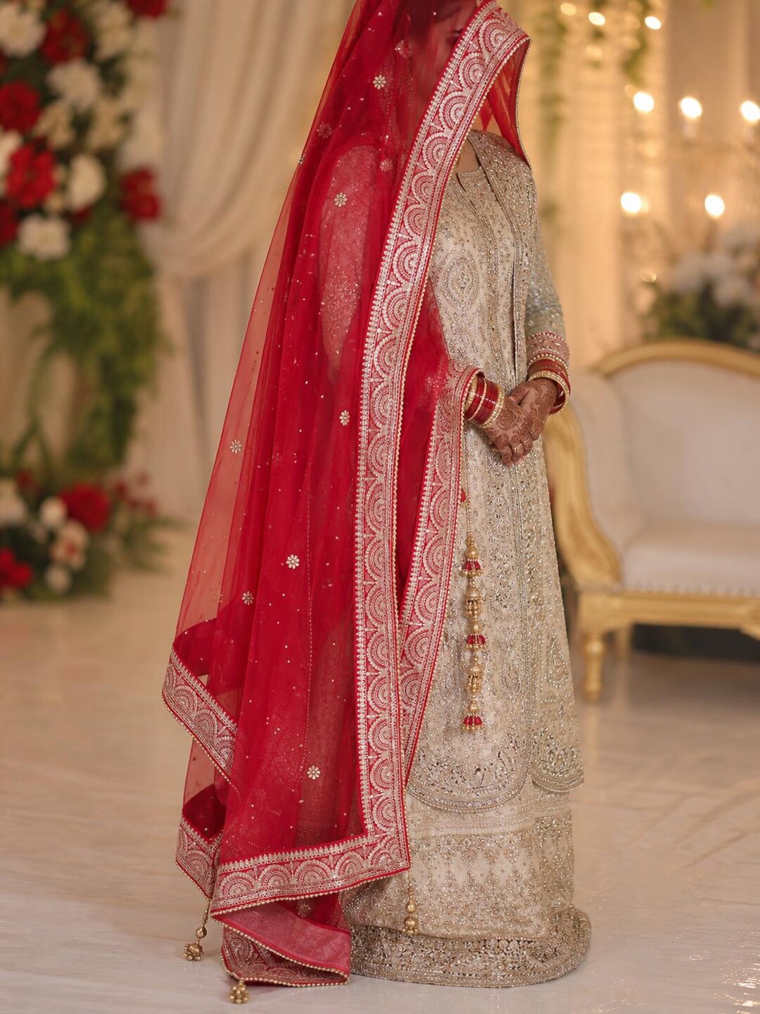 Red Net Dupatta With Heavy Gold Embroidery & Tassels | Bridal Festive ...
