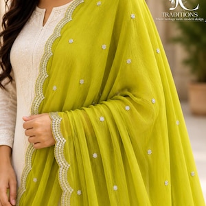 Mehandi Sequin Dupatta for Women | Lime Green Lightweight Chiffon Dupatta | Elegant Wedding, Party & Festive Indian Ethnic Scarf