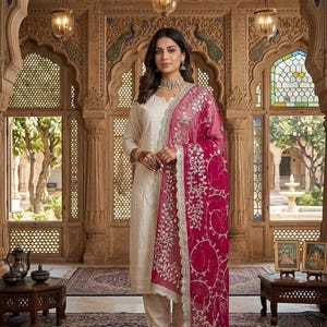 May include: A woman in a cream-colored embroidered salwar kameez, paired with matching pants and a magenta dupatta. The dupatta features silver embroidery and a lace trim. The setting is an ornate room with arched doorways and decorative carvings.