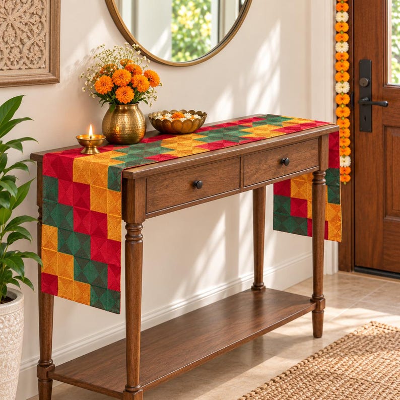 May include: A wooden console table with two drawers and a lower shelf, draped with a rectangular fabric runner featuring a geometric pattern of red, yellow, and green squares. A brass vase with orange flowers and a small brass oil lamp sit on top.