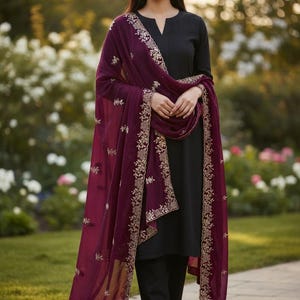 Burgundy Dupatta Maroon And Gold Thread Net Sequenced Dupatta – Anokherang