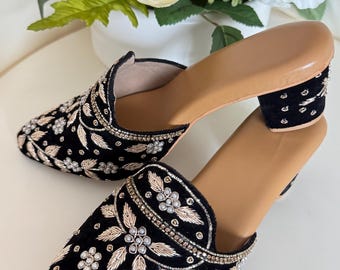 Black Velvet Embroidered Heels – Elegant Wedding & Party Wear