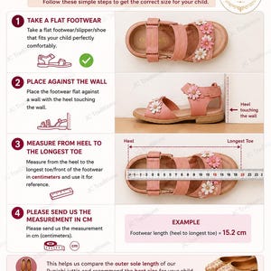 May include: Pink children's sandals with floral accents. The image provides instructions on how to measure footwear for Punjabi Jutti size, including measuring the length in centimeters. The example shows a 15.2 cm measurement.