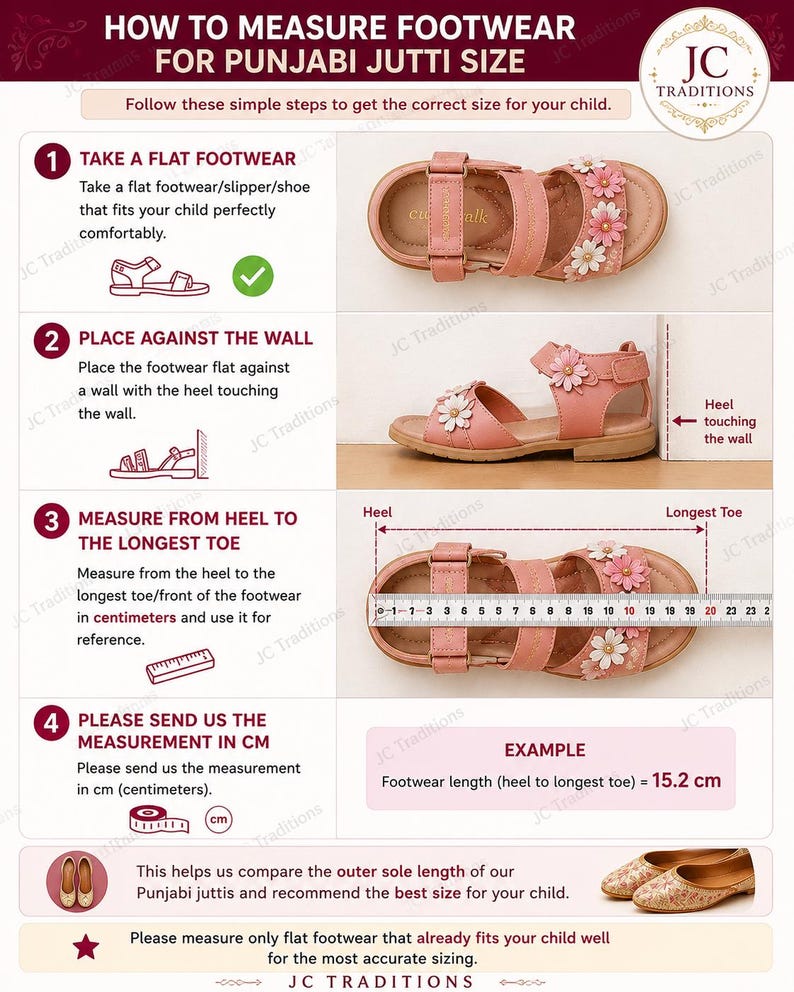 May include: Pink children's sandals with floral accents. The image provides instructions on how to measure footwear for Punjabi Jutti size, including measuring the length in centimeters. The example shows a 15.2 cm measurement.