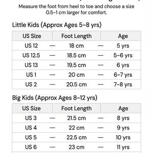 May include: A size guide for kids' Jutti shoes, with measurements in centimeters. The chart includes US sizes, foot lengths, and age ranges for little and big kids. The guide provides instructions for measuring feet for the correct fit.