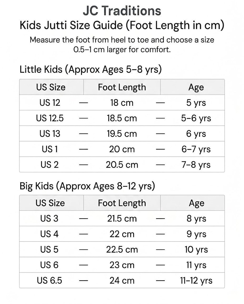 May include: A size guide for kids' Jutti shoes, with measurements in centimeters. The chart includes US sizes, foot lengths, and age ranges for little and big kids. The guide provides instructions for measuring feet for the correct fit.