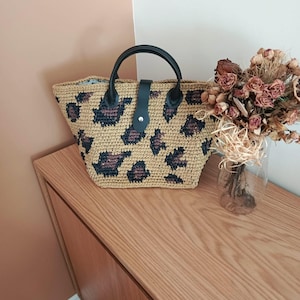Leopard Print Crochet Tote Bag with Black Handles – Handmade Boho Safari Purse, Wild Chic Shoulder Bag or Unique Gift for Her