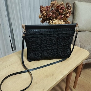 Black Crochet Shoulder Bag with Leather Strap – Elegant Handcrafted Crossbody Purse, Stylish Evening Bag, Unique Gift for Her
