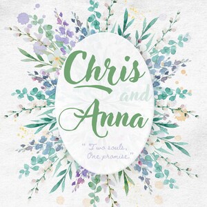 Puede incluir: Una invitación de boda con los nombres "Chris y Anna" en verde dentro de un óvalo, rodeada de elementos florales de acuarela en tonos verdes, azules y morados. También se muestra la fecha "21 de abril de 2025".