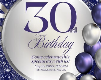 Purple and Silver Balloon Birthday Invitation | Elegant Digital Party Card | Editable Printable Template