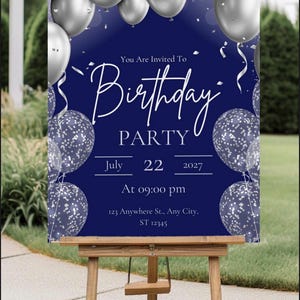 Blue and Silver Balloon Birthday Invitation | Elegant Party Template | Editable Digital Invite