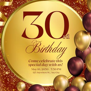 Könnte beinhalten: Goldene Einladung zum 30. Geburtstag. Das Design zeigt einen goldenen Kreis mit der Zahl "30" und dem Wort "Geburtstag". Burgunderrote und goldene Ballons schmücken den Hintergrund und erzeugen eine festliche Stimmung.