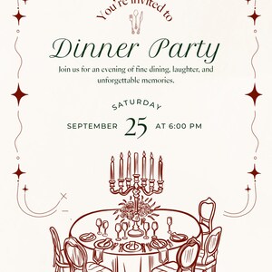 Op de afbeelding: Een uitnodiging voor een diner met een crèmekleurige achtergrond en bordeauxrode accenten. De tekst luidt "You're invited to Dinner Party" met de datum 25 september om 18:00 uur. De illustratie toont een gedekte tafel met stoelen en een kandelaar.