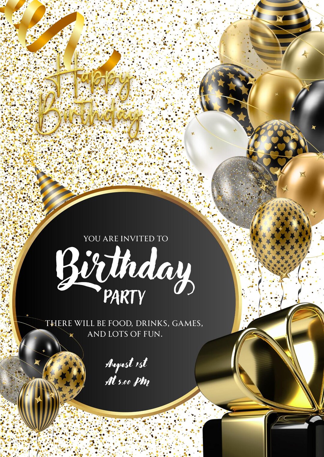 Black and Gold Balloon Birthday Invitation | Elegant Party Template ...