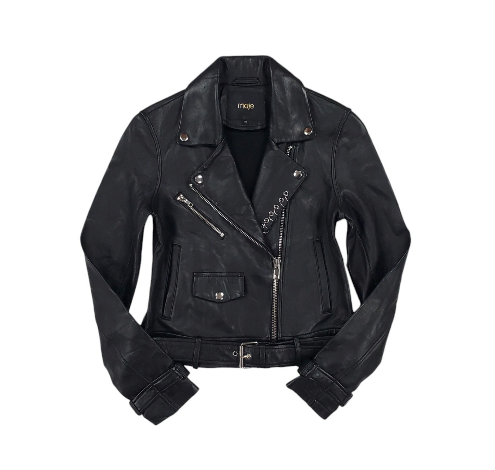 Womens XS Maje Soft Lambskin Black Leather Moto Jacket / Biker