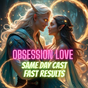 May include: Digital art of two fantasy figures embracing, surrounded by glowing orbs and light. The text "OBSESSION LOVE SAME DAY CAST FAST RESULTS" is overlaid in pink and green.