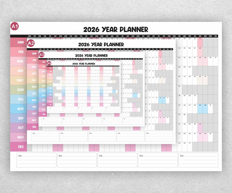 2026 Wall Calendar Year Big Planner Printable PDF Yearly Calendar A1 A2