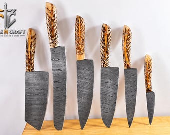 Handmade Damascus Steel 6 Piece Chef Knife Set, Pine Cone Handle, Brass Pins, Leather Knife Roll, Professional Kitchen Knife Set