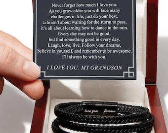 To My Grandson Braided Leather Bracelet, Grandma Grandpa Gift, LED Box