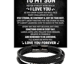 To My Son Bracelet Gift from Mom Dad, Never Forget I Love You, Inspirational Son Gift, Graduation Birthday Gift, Leather Bracelet for Men