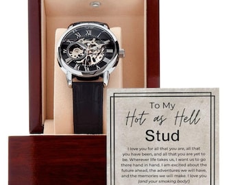 Skeleton Automatic Watch, Black Leather Band, Gift for Him