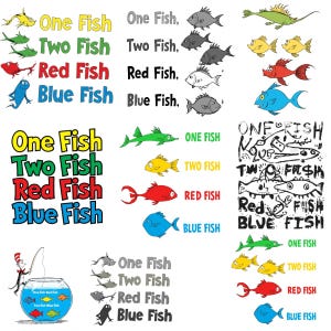 May include: A collection of colorful illustrations featuring fish and text from the children's book "One Fish, Two Fish, Red Fish, Blue Fish." The images include various fish designs and the book's title in different fonts and arrangements.