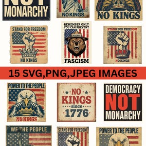 May include: A set of digital images with patriotic themes, featuring slogans such as "Democracy Not Monarchy" and "Stand for Freedom." Designs include the Statue of Liberty, an eagle, and the American flag. Available in SVG, PNG, and JPEG formats. Measurements are not applicable.