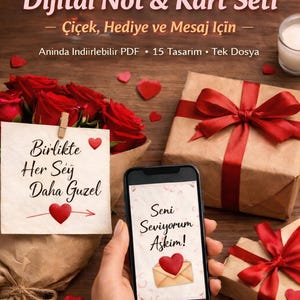 Puede incluir: Imagen promocional de un conjunto de notas y tarjetas digitales. La imagen presenta un teléfono inteligente que muestra un mensaje, regalos envueltos en papel marrón con cintas rojas, rosas rojas y decoraciones en forma de corazón. El texto en el teléfono dice "Seni Seviyorum Askim!"
