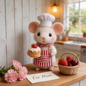 May include: A felt mouse chef wearing a white hat, red and white striped apron, and scarf, holding a cupcake topped with a strawberry. A small basket of strawberries and cherries sits nearby, with a card that reads "For Mom".